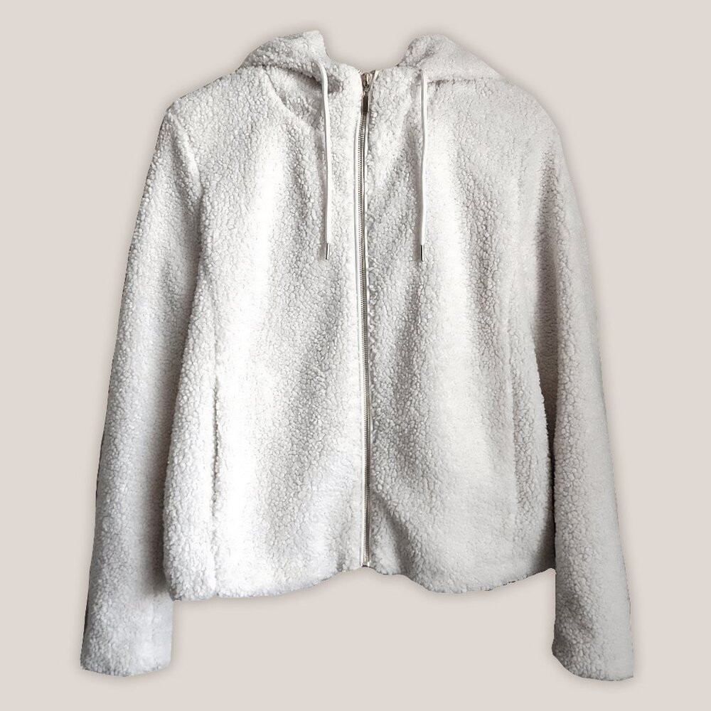 JOIE Off White Zip Up Sherpa Faux Fur Teddy Coat with Hood